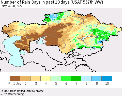 Kazakhstan Number of Rain Days in past 10 days (USAF 557th WW) Thematic Map For 5/26/2022 - 5/31/2022