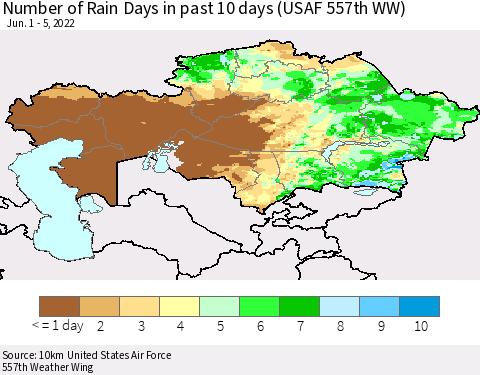 Kazakhstan Number of Rain Days in past 10 days (USAF 557th WW) Thematic Map For 6/1/2022 - 6/5/2022