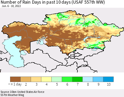 Kazakhstan Number of Rain Days in past 10 days (USAF 557th WW) Thematic Map For 6/6/2022 - 6/10/2022