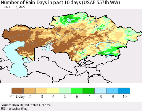Kazakhstan Number of Rain Days in past 10 days (USAF 557th WW) Thematic Map For 6/11/2022 - 6/15/2022