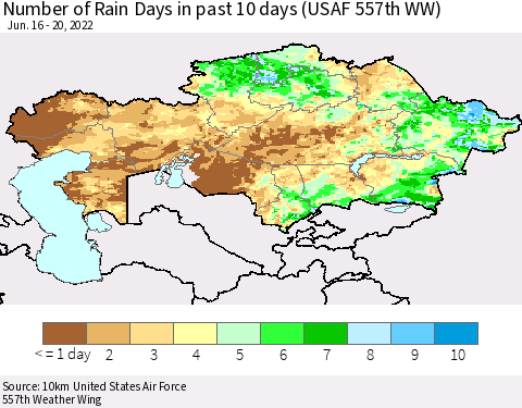 Kazakhstan Number of Rain Days in past 10 days (USAF 557th WW) Thematic Map For 6/16/2022 - 6/20/2022