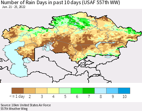 Kazakhstan Number of Rain Days in past 10 days (USAF 557th WW) Thematic Map For 6/21/2022 - 6/25/2022