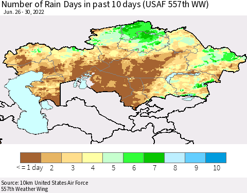 Kazakhstan Number of Rain Days in past 10 days (USAF 557th WW) Thematic Map For 6/26/2022 - 6/30/2022