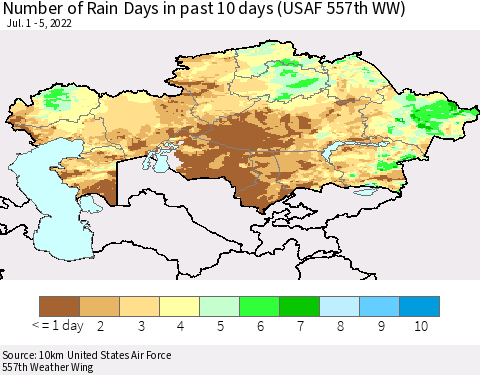 Kazakhstan Number of Rain Days in past 10 days (USAF 557th WW) Thematic Map For 7/1/2022 - 7/5/2022
