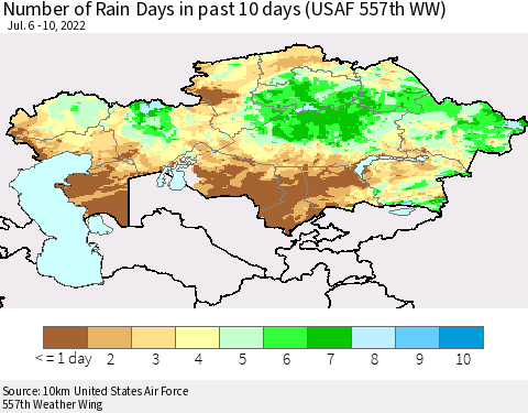 Kazakhstan Number of Rain Days in past 10 days (USAF 557th WW) Thematic Map For 7/6/2022 - 7/10/2022