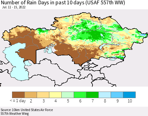 Kazakhstan Number of Rain Days in past 10 days (USAF 557th WW) Thematic Map For 7/11/2022 - 7/15/2022