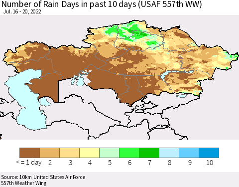Kazakhstan Number of Rain Days in past 10 days (USAF 557th WW) Thematic Map For 7/16/2022 - 7/20/2022
