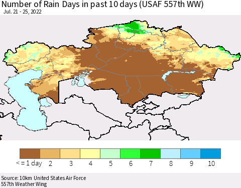 Kazakhstan Number of Rain Days in past 10 days (USAF 557th WW) Thematic Map For 7/21/2022 - 7/25/2022