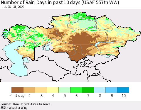 Kazakhstan Number of Rain Days in past 10 days (USAF 557th WW) Thematic Map For 7/26/2022 - 7/31/2022
