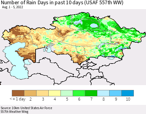 Kazakhstan Number of Rain Days in past 10 days (USAF 557th WW) Thematic Map For 8/1/2022 - 8/5/2022