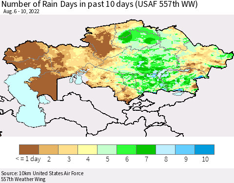 Kazakhstan Number of Rain Days in past 10 days (USAF 557th WW) Thematic Map For 8/6/2022 - 8/10/2022