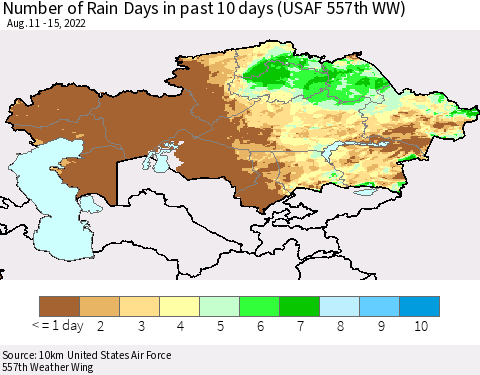 Kazakhstan Number of Rain Days in past 10 days (USAF 557th WW) Thematic Map For 8/11/2022 - 8/15/2022