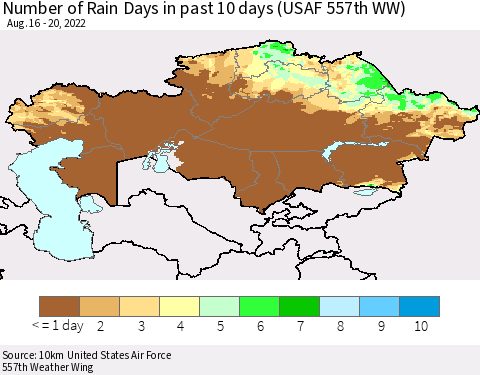 Kazakhstan Number of Rain Days in past 10 days (USAF 557th WW) Thematic Map For 8/16/2022 - 8/20/2022