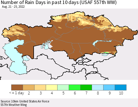 Kazakhstan Number of Rain Days in past 10 days (USAF 557th WW) Thematic Map For 8/21/2022 - 8/25/2022