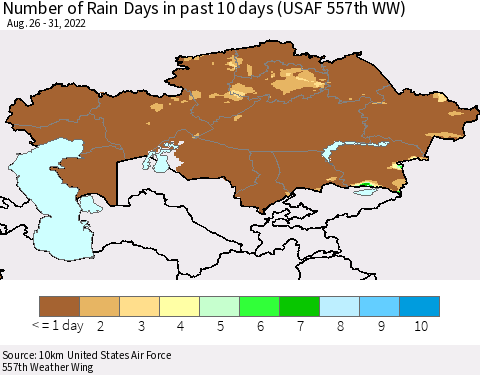 Kazakhstan Number of Rain Days in past 10 days (USAF 557th WW) Thematic Map For 8/26/2022 - 8/31/2022