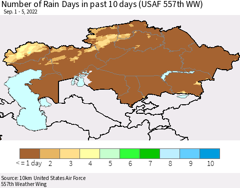 Kazakhstan Number of Rain Days in past 10 days (USAF 557th WW) Thematic Map For 9/1/2022 - 9/5/2022