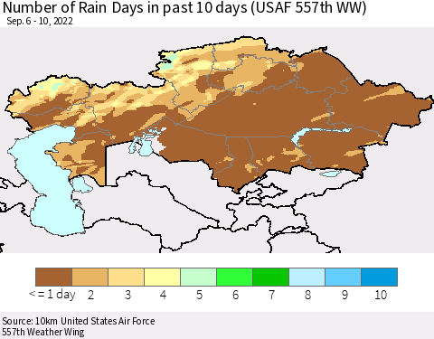 Kazakhstan Number of Rain Days in past 10 days (USAF 557th WW) Thematic Map For 9/6/2022 - 9/10/2022