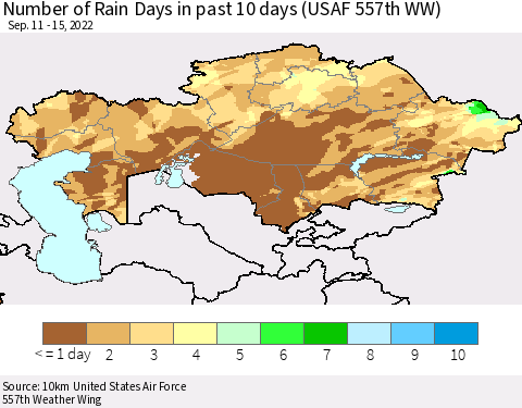 Kazakhstan Number of Rain Days in past 10 days (USAF 557th WW) Thematic Map For 9/11/2022 - 9/15/2022