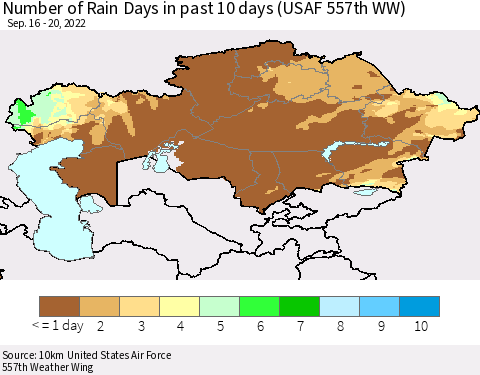 Kazakhstan Number of Rain Days in past 10 days (USAF 557th WW) Thematic Map For 9/16/2022 - 9/20/2022