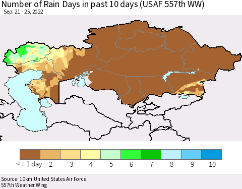 Kazakhstan Number of Rain Days in past 10 days (USAF 557th WW) Thematic Map For 9/21/2022 - 9/25/2022