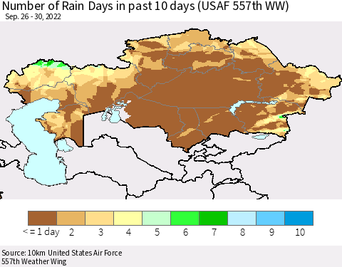 Kazakhstan Number of Rain Days in past 10 days (USAF 557th WW) Thematic Map For 9/26/2022 - 9/30/2022