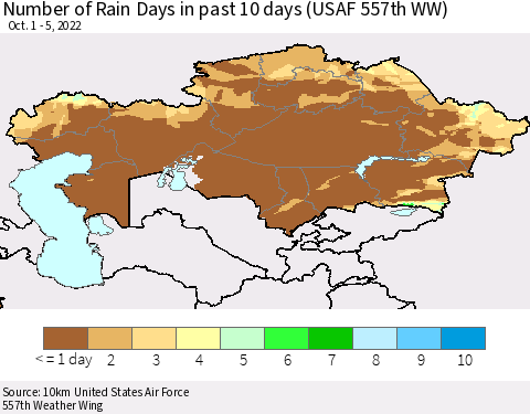 Kazakhstan Number of Rain Days in past 10 days (USAF 557th WW) Thematic Map For 10/1/2022 - 10/5/2022