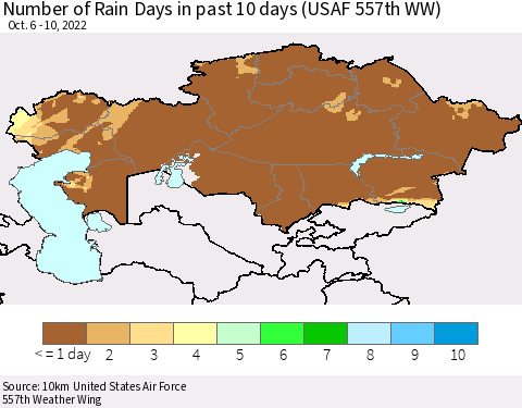 Kazakhstan Number of Rain Days in past 10 days (USAF 557th WW) Thematic Map For 10/6/2022 - 10/10/2022