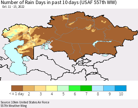 Kazakhstan Number of Rain Days in past 10 days (USAF 557th WW) Thematic Map For 10/11/2022 - 10/15/2022