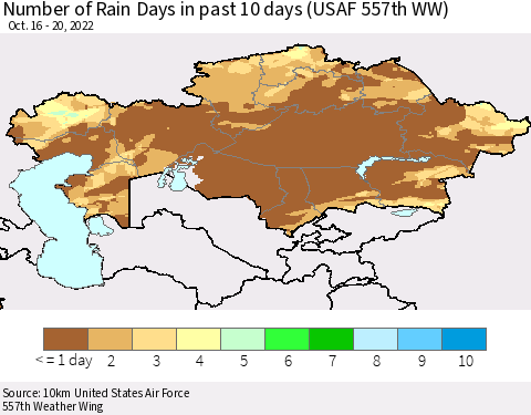 Kazakhstan Number of Rain Days in past 10 days (USAF 557th WW) Thematic Map For 10/16/2022 - 10/20/2022