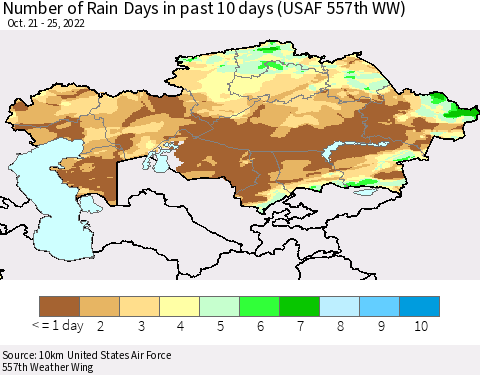 Kazakhstan Number of Rain Days in past 10 days (USAF 557th WW) Thematic Map For 10/21/2022 - 10/25/2022