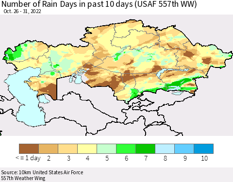 Kazakhstan Number of Rain Days in past 10 days (USAF 557th WW) Thematic Map For 10/26/2022 - 10/31/2022