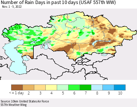 Kazakhstan Number of Rain Days in past 10 days (USAF 557th WW) Thematic Map For 11/1/2022 - 11/5/2022