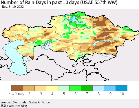 Kazakhstan Number of Rain Days in past 10 days (USAF 557th WW) Thematic Map For 11/6/2022 - 11/10/2022