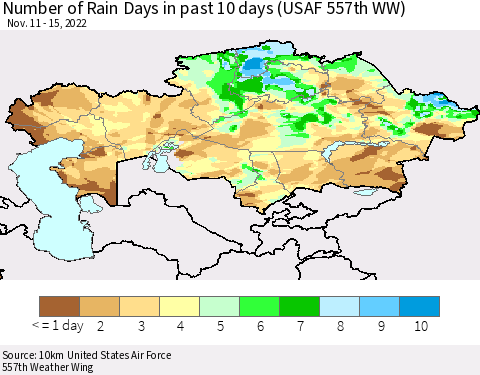 Kazakhstan Number of Rain Days in past 10 days (USAF 557th WW) Thematic Map For 11/11/2022 - 11/15/2022