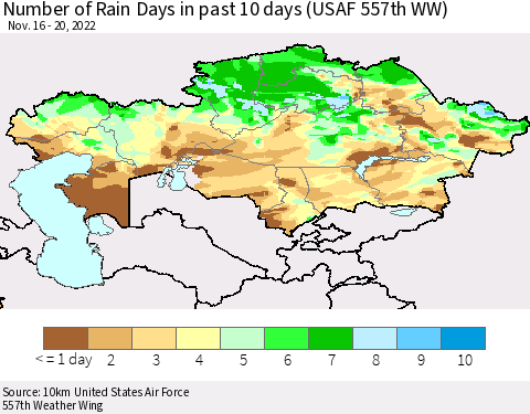 Kazakhstan Number of Rain Days in past 10 days (USAF 557th WW) Thematic Map For 11/16/2022 - 11/20/2022