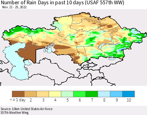Kazakhstan Number of Rain Days in past 10 days (USAF 557th WW) Thematic Map For 11/21/2022 - 11/25/2022