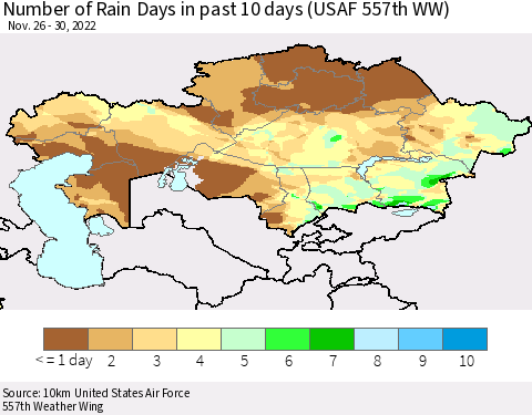 Kazakhstan Number of Rain Days in past 10 days (USAF 557th WW) Thematic Map For 11/26/2022 - 11/30/2022