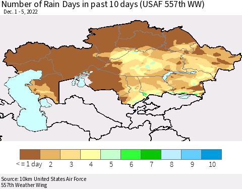 Kazakhstan Number of Rain Days in past 10 days (USAF 557th WW) Thematic Map For 12/1/2022 - 12/5/2022