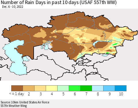 Kazakhstan Number of Rain Days in past 10 days (USAF 557th WW) Thematic Map For 12/6/2022 - 12/10/2022