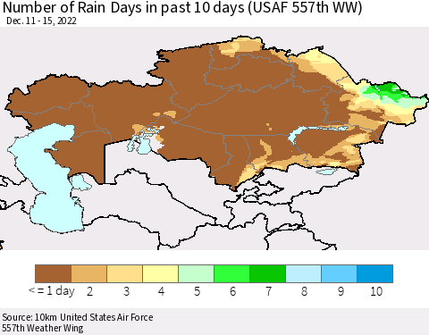 Kazakhstan Number of Rain Days in past 10 days (USAF 557th WW) Thematic Map For 12/11/2022 - 12/15/2022