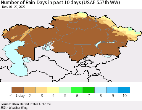 Kazakhstan Number of Rain Days in past 10 days (USAF 557th WW) Thematic Map For 12/16/2022 - 12/20/2022