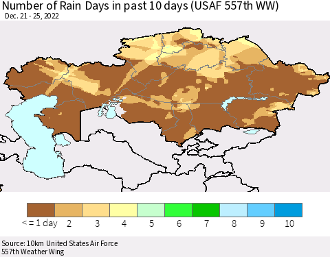 Kazakhstan Number of Rain Days in past 10 days (USAF 557th WW) Thematic Map For 12/21/2022 - 12/25/2022