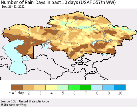 Kazakhstan Number of Rain Days in past 10 days (USAF 557th WW) Thematic Map For 12/26/2022 - 12/31/2022