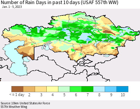 Kazakhstan Number of Rain Days in past 10 days (USAF 557th WW) Thematic Map For 1/1/2023 - 1/5/2023