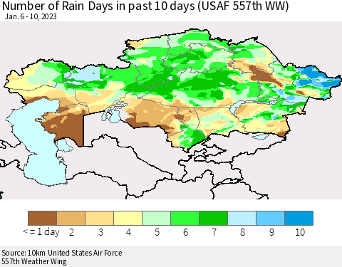 Kazakhstan Number of Rain Days in past 10 days (USAF 557th WW) Thematic Map For 1/6/2023 - 1/10/2023