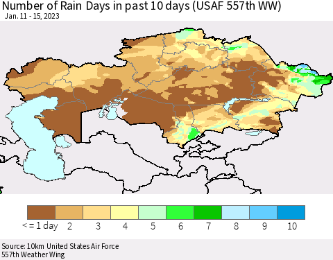 Kazakhstan Number of Rain Days in past 10 days (USAF 557th WW) Thematic Map For 1/11/2023 - 1/15/2023