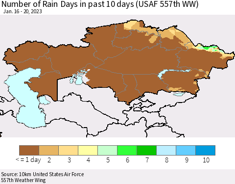 Kazakhstan Number of Rain Days in past 10 days (USAF 557th WW) Thematic Map For 1/16/2023 - 1/20/2023