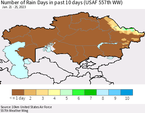 Kazakhstan Number of Rain Days in past 10 days (USAF 557th WW) Thematic Map For 1/21/2023 - 1/25/2023