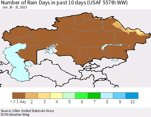 Kazakhstan Number of Rain Days in past 10 days (USAF 557th WW) Thematic Map For 1/26/2023 - 1/31/2023