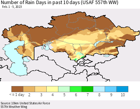 Kazakhstan Number of Rain Days in past 10 days (USAF 557th WW) Thematic Map For 2/1/2023 - 2/5/2023